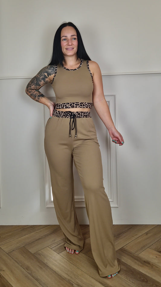 TILLY - Animal Print Crop Top & Trousers Set Taupe