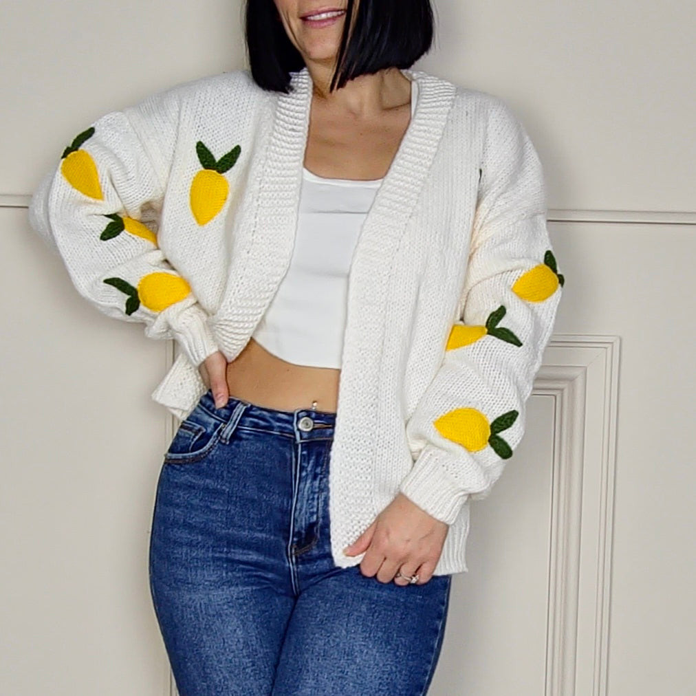 SOFIA - Lemon Applique Embroidered Knitted Cardigan
