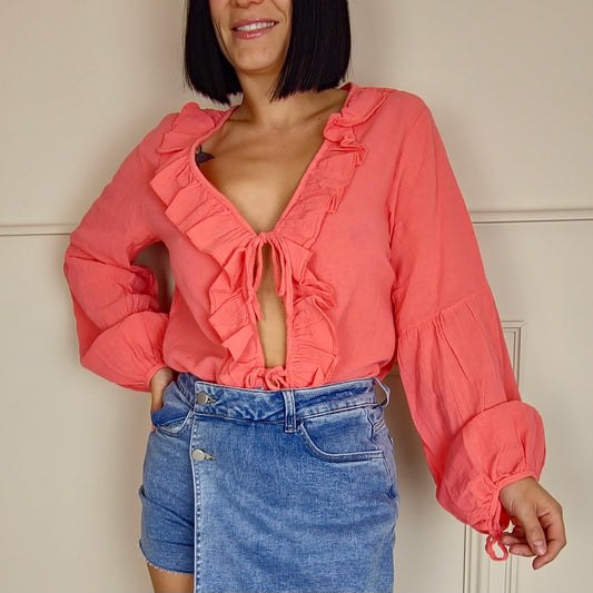 KARRIE - Frill Front Tie Up Blouse