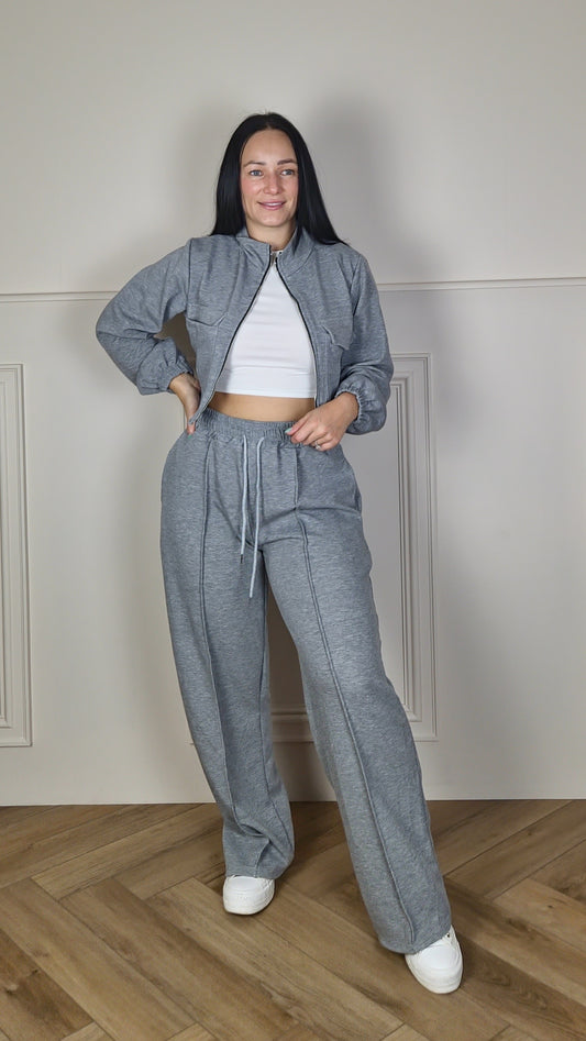 MONIQUE - Bomber Zip Up Jacket With Wide Leg Trouser Set Dark Grey