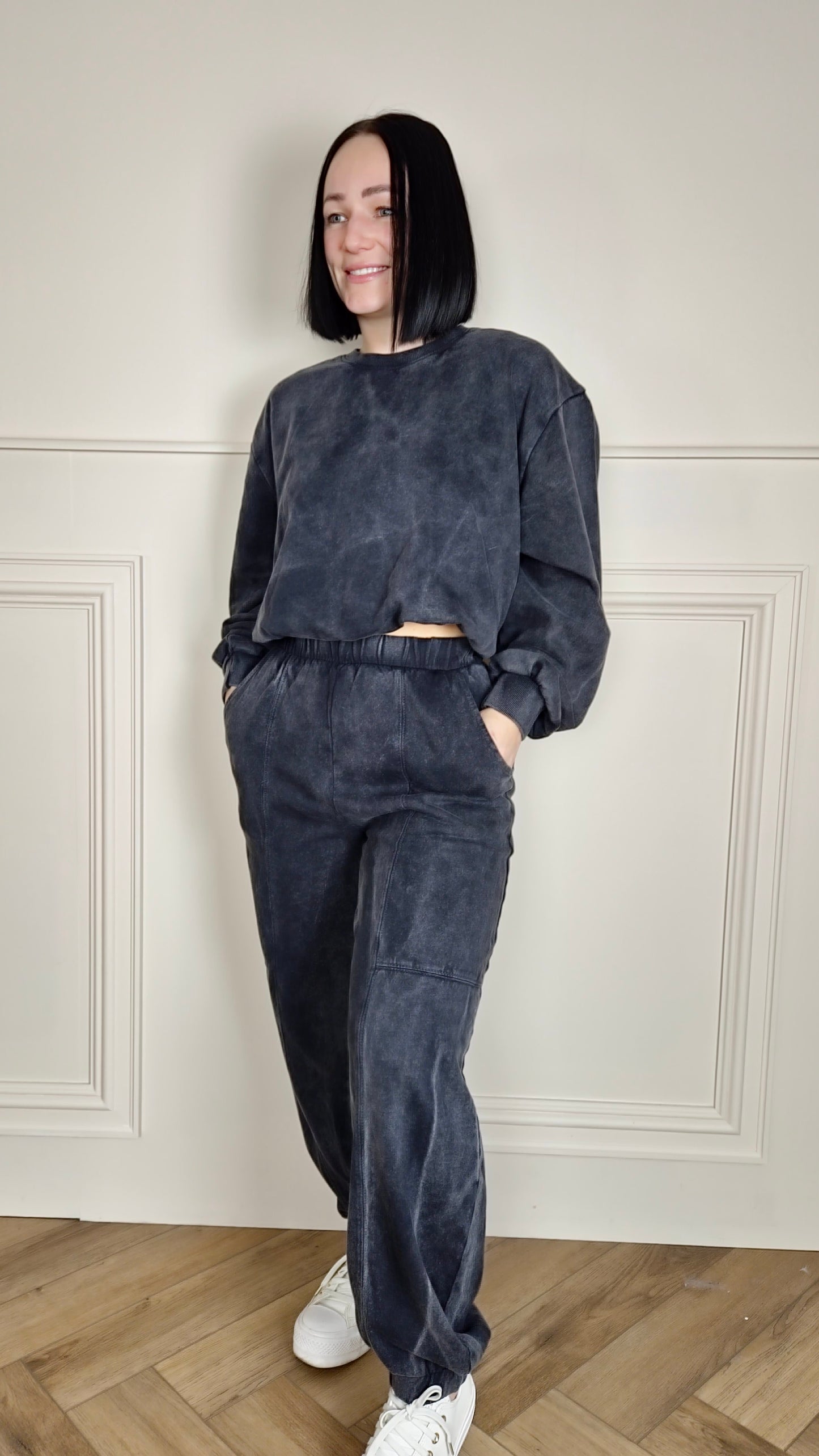 LEAH - Acid Wash Bubble Hem Tracksuit Charcoal