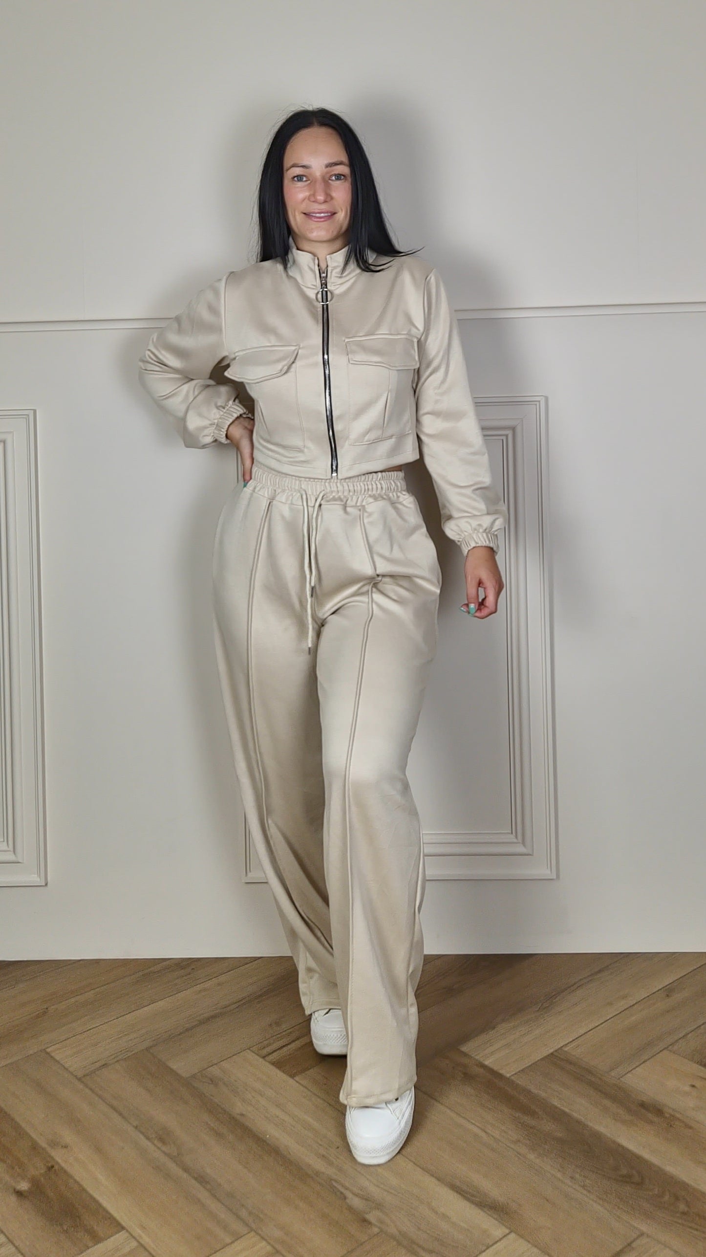 MONIQUE - Bomber Zip Up Jacket With Wide Leg Trouser Set Cream