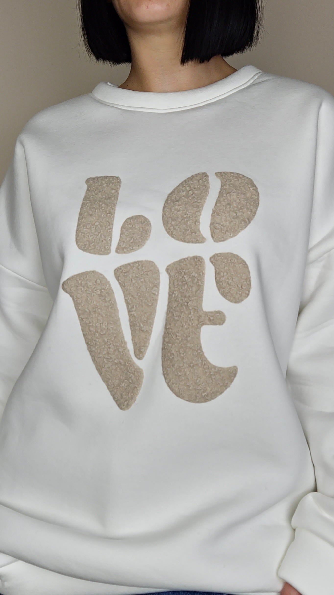LOVE Graphic Fleece Lined Jumper Ivory