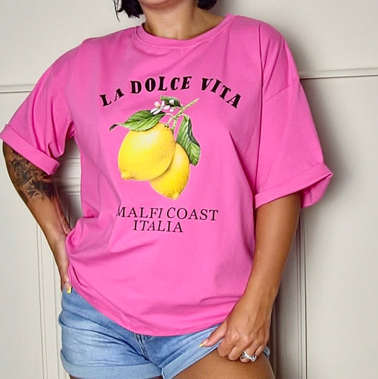Amalfi - Lemon Cotton Tee Hot Pink