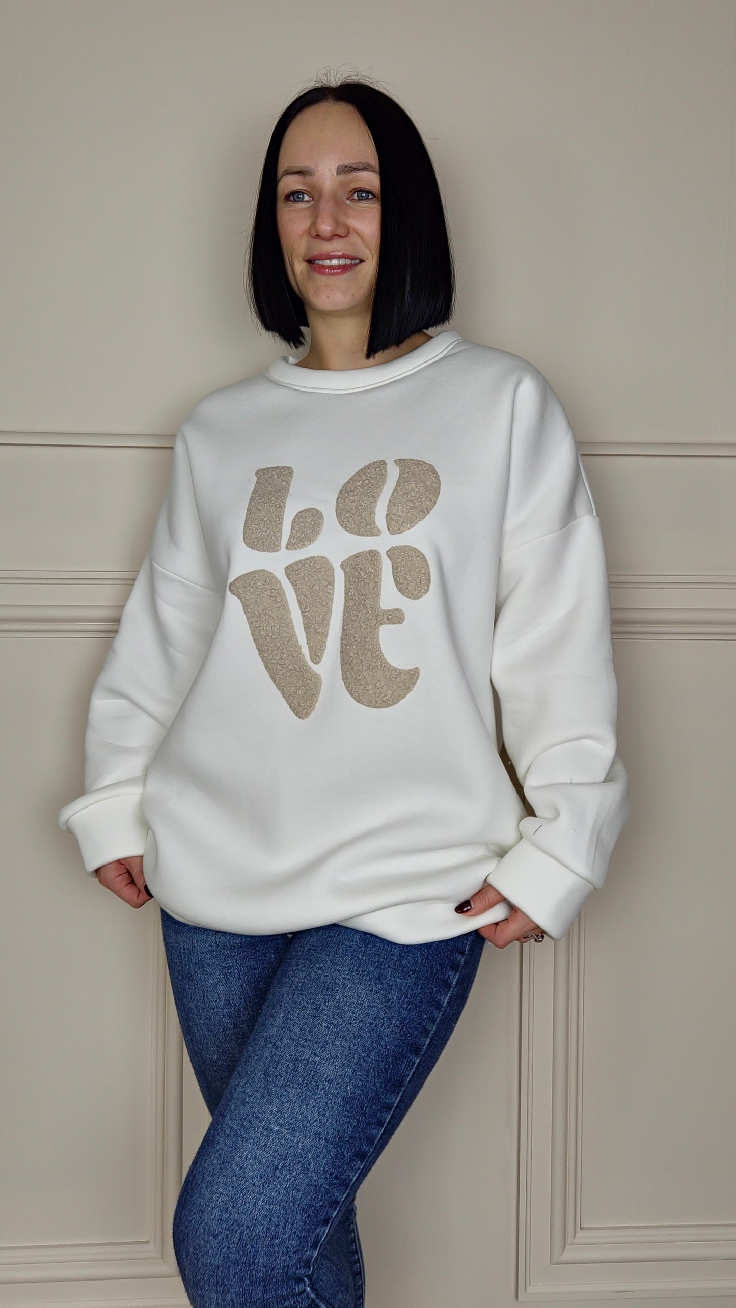 LOVE Graphic Fleece Lined Jumper Ivory