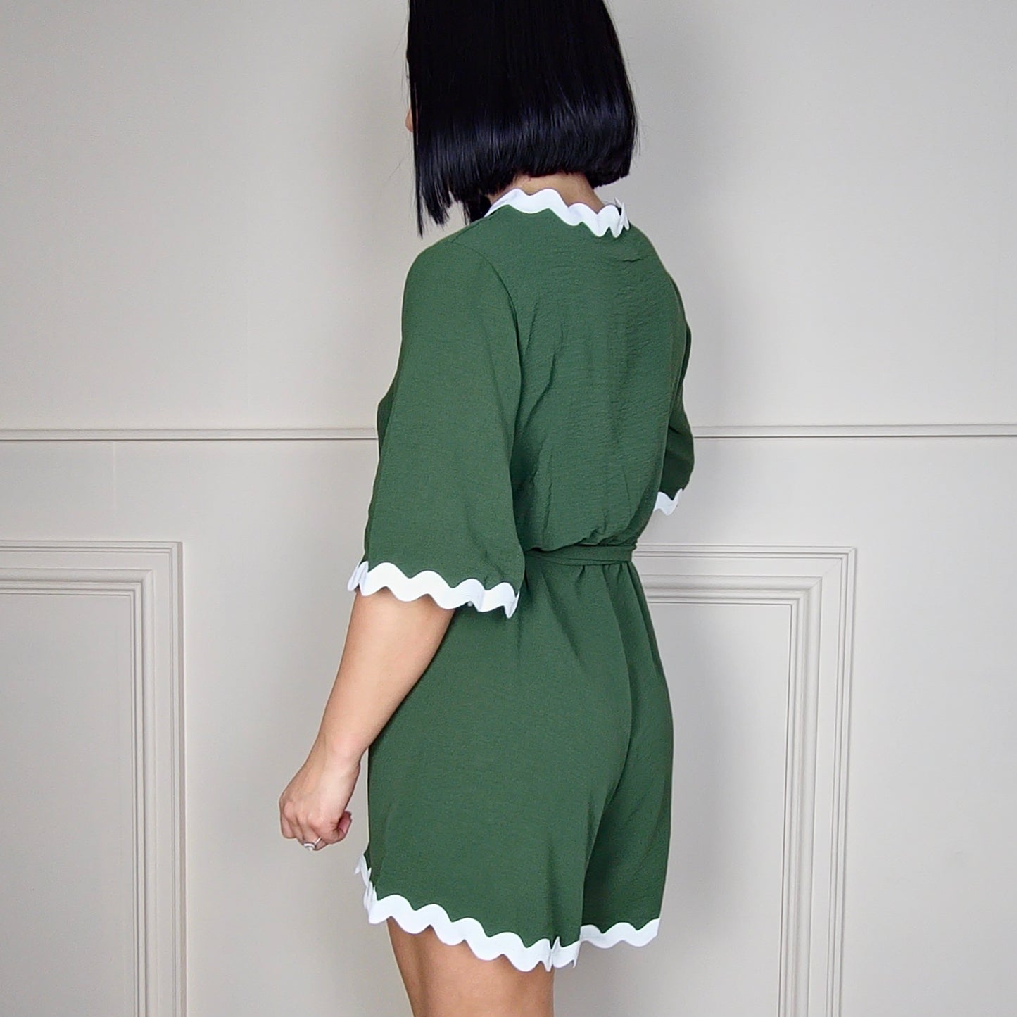 MARA - Front Wrap Contrast Trim Playsuit Khaki