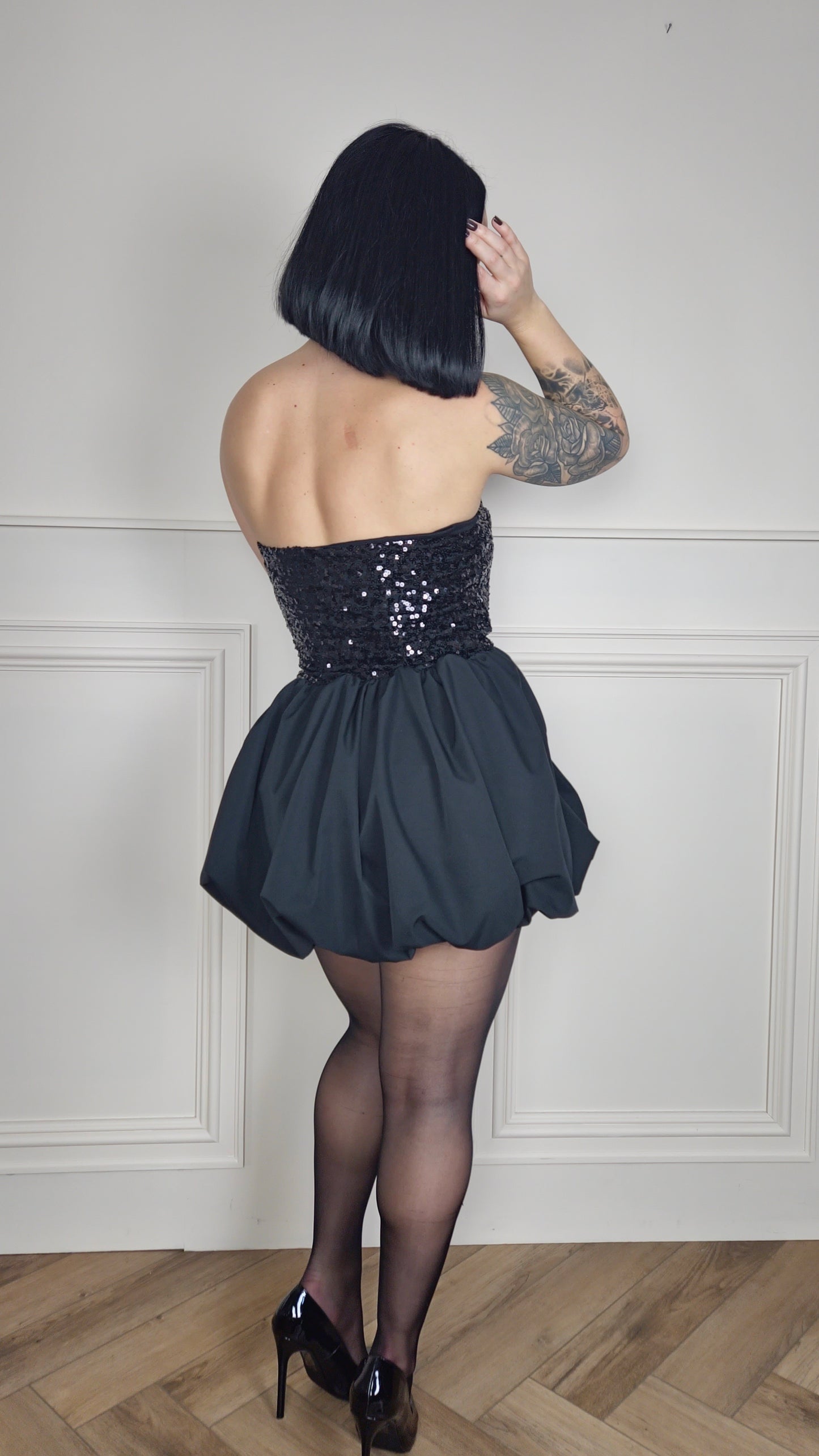 NOVA - Sequin Puff Ball Mini Dress Black