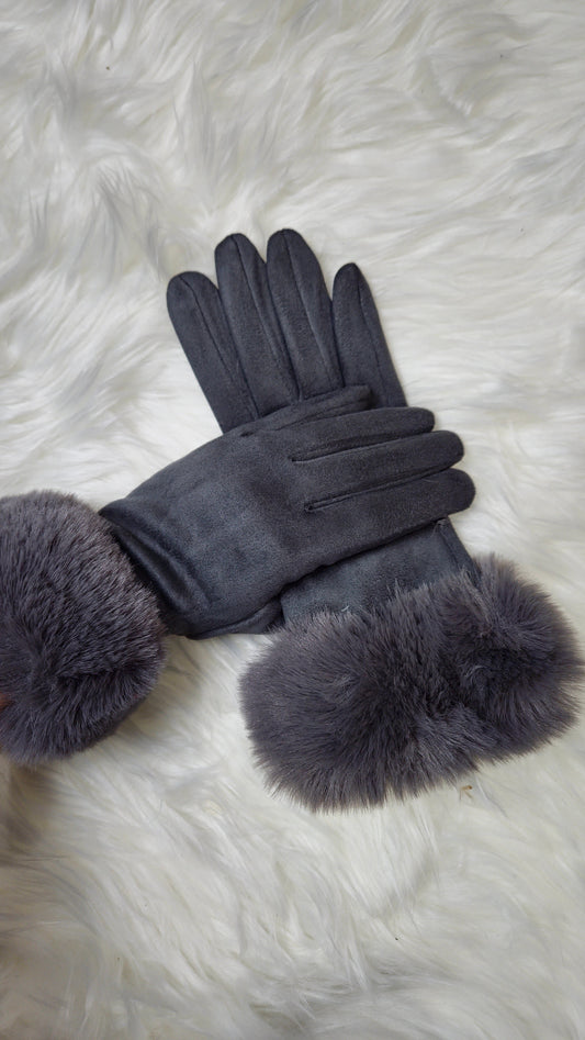 MACEY - Suedette Faux Fur Gloves Grey