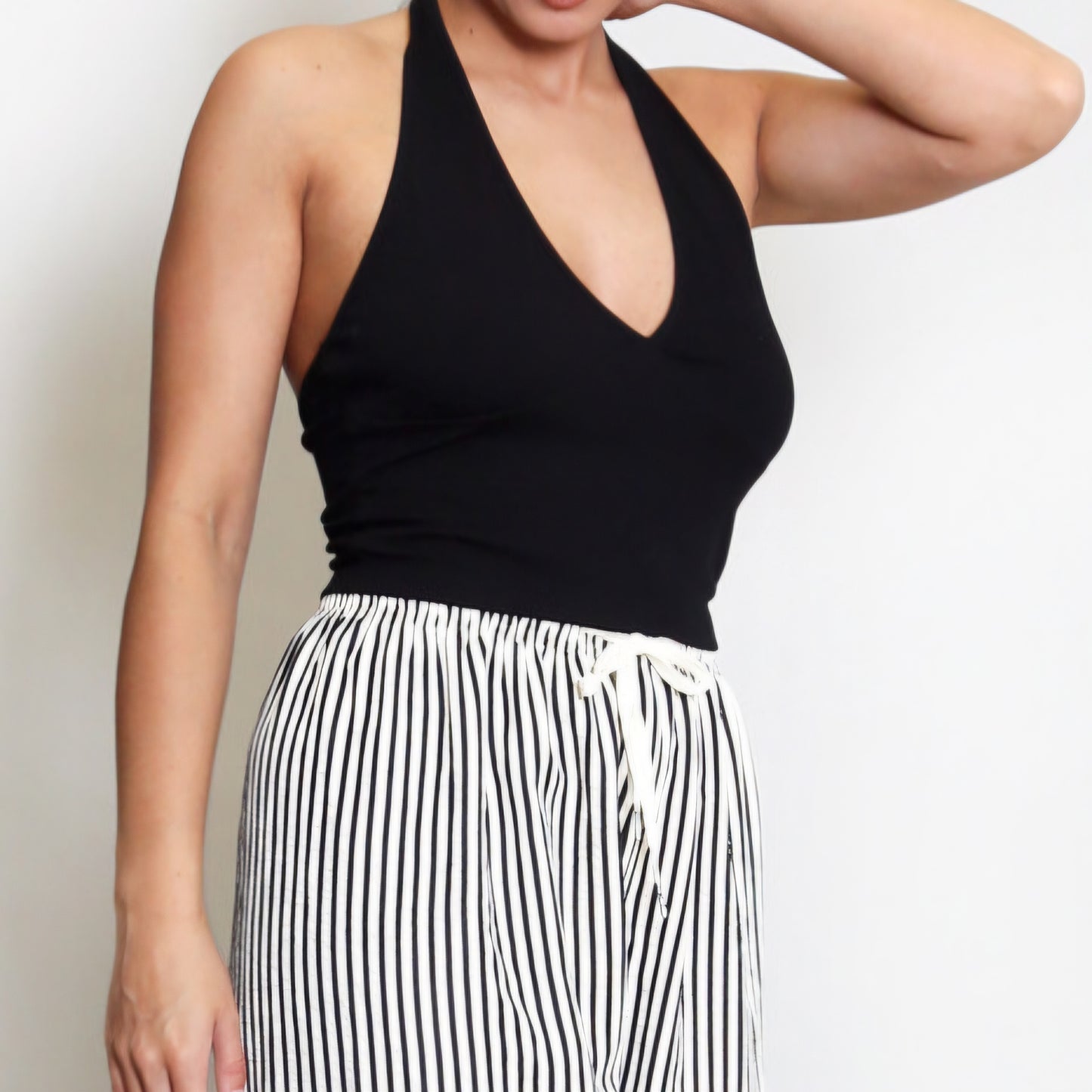 AMELIA - Ribbed V Neck Halter Neck Top Black