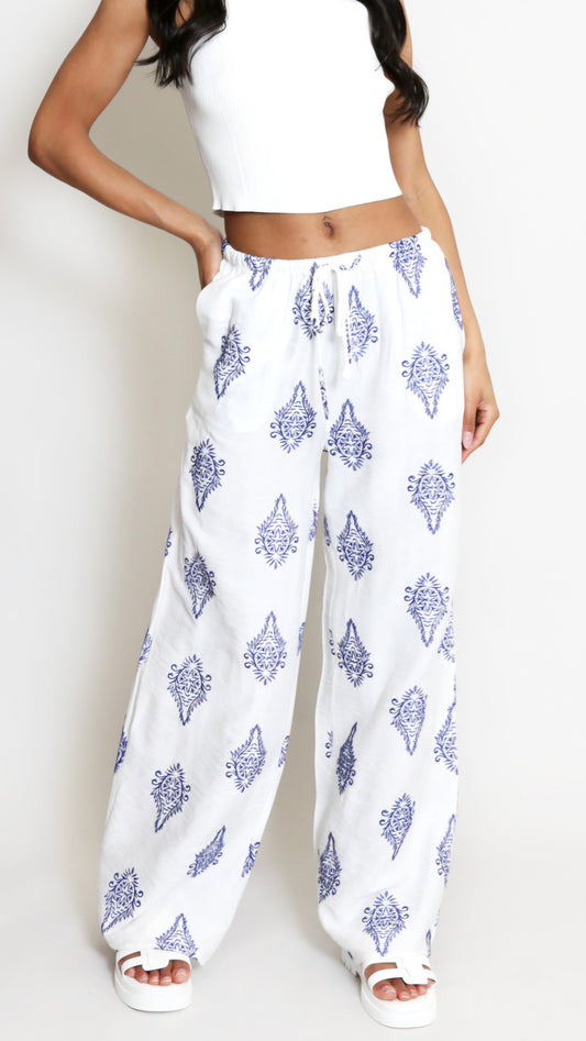 GINA - Paisley Printed Trousers White