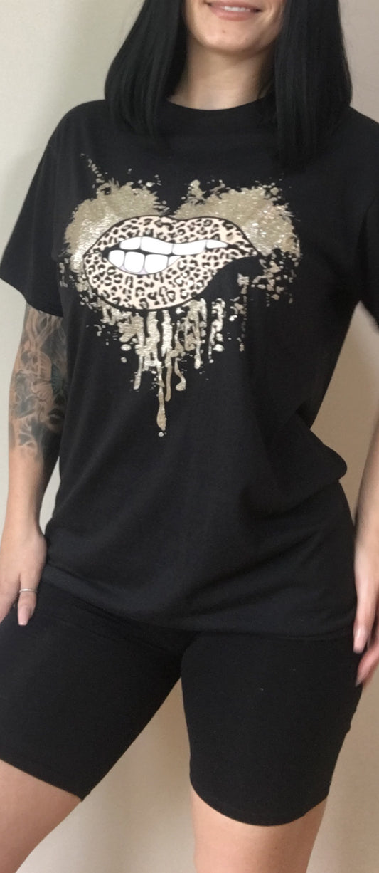 LEOPARD LIP BLACK T-SHIRT